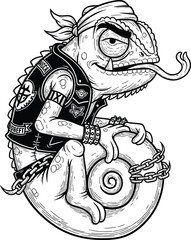 Tough Biker Chameleon Character in a Vest and Bandana Sticking its Tongue Out. © Vira