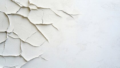Close-up view of a white textured wall with peeling paint and deep cracks, creating an abstract pattern.