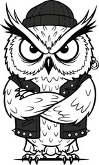 Tough cartoon owl with a stern expression wearing a studded vest beanie and earring.
