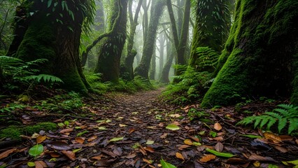 Dewy Forest Path With Lush Moss and Textured Bark
