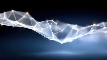 A digital network structure with glowing nodes and lines against a dark blue background, creating a futuristic and abstract visual.