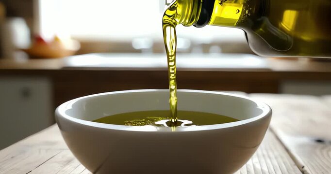 Ultra-realistic macro shot of extra virgin olive oil being poured into a porcelain bowl in a rustic kitchen