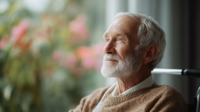 Thoughtful senior man gazing wistfully through a window. Reflective, hopeful, and serene. Captures aging, retirement, care, and the beauty of life.