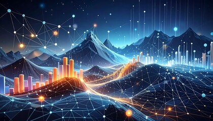 A digital landscape with glowing graphs rising from hills, interconnected by a network of glowing lines and dots