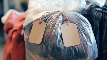 A close-up view of a laundry bag with tags attached, ideal for use in s about organization or personal accessories