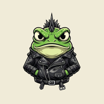Tough green cartoon frog with a spiky mohawk wearing a black leather biker jacket.