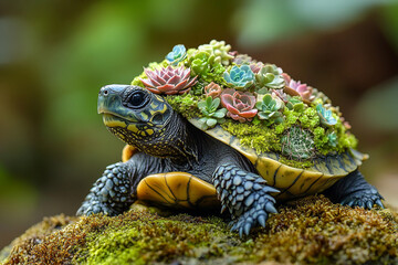 Fototapeta premium Generative AI image of a fantasy turtle with a shell covered in vibrant succulents and moss, resting peacefully in a lush forest environment