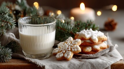 A warm and inviting setup features a glass of milk next to a plate of beautifully decorated cookies, all placed on a soft cloth. Festive pine branches and twinkling lights enhance the charm