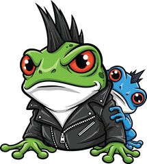 Tough Green Punk Frog with a Spiky Mohawk and a Small Blue Frog Companion.