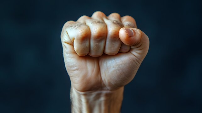 Strong fist raised in determination against a dark background representing strength and resilience in challenging times