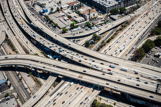 Aerial View of Los Angeles Freeway Interchange and Heavy Traffic