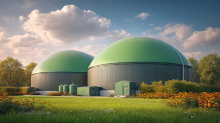 Obraz premium Biogas plant with green domes against a blue sky. a biogas plant, a renewable energy source, with large green domes and a grassy foreground.