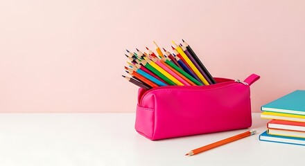 Fototapeta premium Bright pink pencil case filled with colorful pencils and stacked notebooks