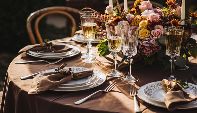 Elegant outdoor table setting with champagne glasses, floral centerpiece, and fine china. Refined celebration, special occasion, or romantic dinner. - Powered by Adobe