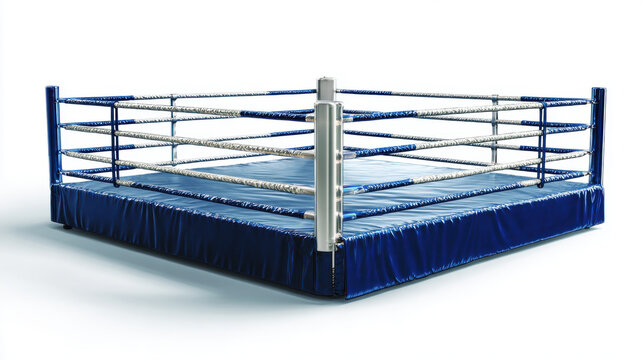 Empty boxing ring isolated on white background, ready for a match or competition. a professional boxing ring with blue canvas and white ropes, ready for a fight