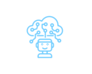 Blue neon line icon of a smiling AI robot connected to a cloud network. Symbolizes cloud computing, machine learning, and intelligent automation. Ideal for tech apps, AI services, and futuristic digit