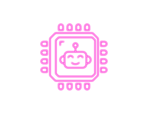 Cute robot face inside a neon-style microchip icon represents modern AI technology. Bright pink circuitry adds a fun futuristic touch. Ideal for tech branding, automation concepts, and digital 