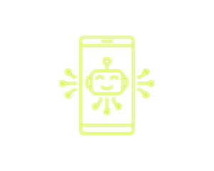 Neon yellow line icon of a friendly AI robot inside a smartphone. Illustration symbolizes mobile intelligence, virtual assistants, and smart automation. Perfect for tech apps, chatbots, and futuristic