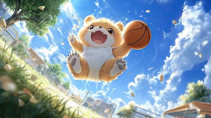 A fluffy, cartoonish bear character in mid-air, holding a basketball and looking excited. The background is a vibrant blue sky with fluffy white clouds and hint