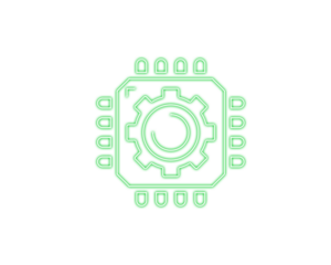 Neon turquoise microchip icon with outward arrows symbolizes digital connectivity. Clean geometric lines highlight modern data flow concepts. Perfect for tech networks, AI systems, and futuristic 