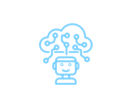 Blue neon line icon of a smiling AI robot connected to a cloud network. Symbolizes cloud computing, machine learning, and intelligent automation. Ideal for tech apps, AI services, and futuristic digit
