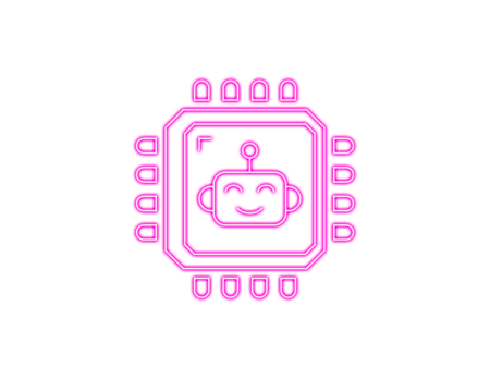 Cute robot face inside a neon-style microchip icon represents modern AI technology. Bright pink circuitry adds a fun futuristic touch. Ideal for tech branding, automation concepts, and digital 
