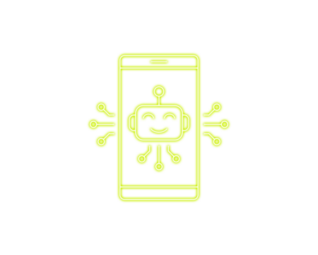 Neon yellow line icon of a friendly AI robot inside a smartphone. Illustration symbolizes mobile intelligence, virtual assistants, and smart automation. Perfect for tech apps, chatbots, and futuristic - Powered by Adobe