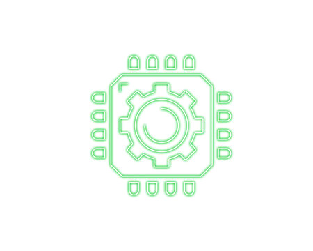 Neon turquoise microchip icon with outward arrows symbolizes digital connectivity. Clean geometric lines highlight modern data flow concepts. Perfect for tech networks, AI systems, and futuristic