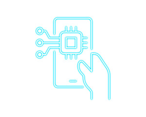Minimal neon line illustration of a smartphone integrating a microchip. Futuristic tech interface symbol for mobile innovation. Clean digital design for modern technology concepts.