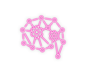 Pink neural gear brain icon symbolizes intelligent automation and machine learning systems. Interconnected nodes highlight digital thinking and smart engineering. Perfect for AI technology, automation