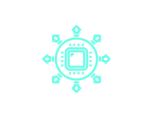 Neon turquoise microchip icon with outward arrows symbolizes digital connectivity. Clean geometric lines highlight modern data flow concepts. Perfect for tech networks, AI systems, and futuristic 