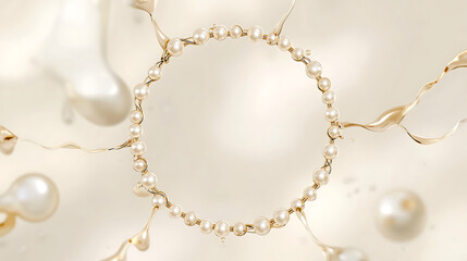 Elegant pearl circle with flowing golden liquid on light background