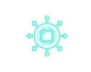 Neon turquoise microchip icon with outward arrows symbolizes digital connectivity. Clean geometric lines highlight modern data flow concepts. Perfect for tech networks, AI systems, and futuristic 