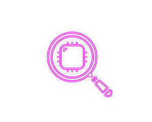 Neon pink magnifying glass icon highlighting a microchip symbolizes digital analysis and tech inspection. Clean circuit lines emphasize precision and innovation. Perfect for AI, cybersecurity, 