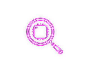 Neon pink magnifying glass icon highlighting a microchip symbolizes digital analysis and tech inspection. Clean circuit lines emphasize precision and innovation. Perfect for AI, cybersecurity, 