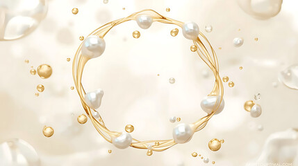Golden liquid splash with elegant pearls forming a circle frame
