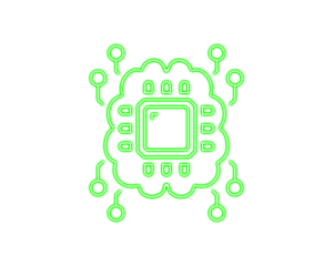 Bright neon green microchip icon with rounded circuit extensions represents modern digital intelligence. Smooth geometric lines highlight connectivity and innovation. Ideal for tech, AI, 