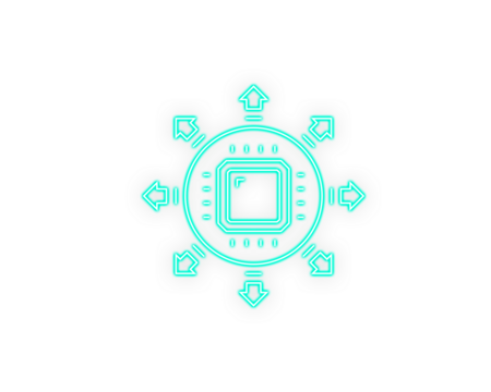 Neon turquoise microchip icon with outward arrows symbolizes digital connectivity. Clean geometric lines highlight modern data flow concepts. Perfect for tech networks, AI systems, and futuristic 