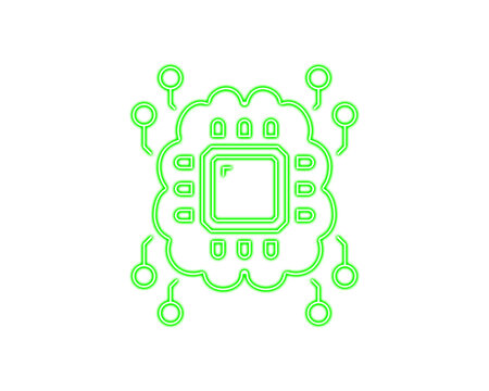 Bright neon green microchip icon with rounded circuit extensions represents modern digital intelligence. Smooth geometric lines highlight connectivity and innovation. Ideal for tech, AI, 
