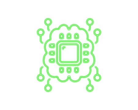 Bright neon green microchip icon with rounded circuit extensions represents modern digital intelligence. Smooth geometric lines highlight connectivity and innovation. Ideal for tech, AI,  - Powered by Adobe