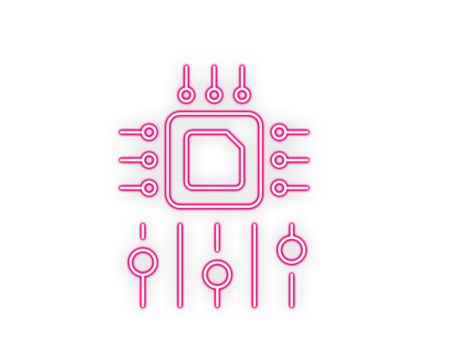 Cute robot face inside a neon-style microchip icon represents modern AI technology. Bright pink circuitry adds a fun futuristic touch. Ideal for tech branding, automation concepts, and digital 