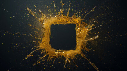 Golden liquid splash forming a dynamic square frame with drips
