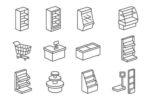 Supermarket and retail store equipment, fixtures, shelving, and display cases