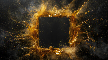 Golden liquid splash frame with glittering particles dynamic luxury