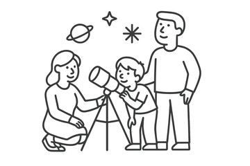 Family observing the night sky with a telescope learning about astronomy and space exploration