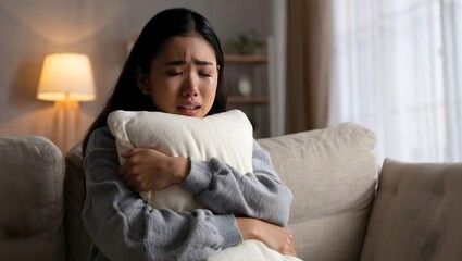 Sad Woman Crying and Holding Pillow on Sofa