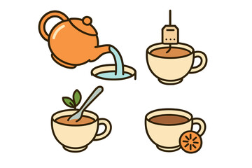 Preparing hot drinks steps: pouring from teapot, steeping tea bag, and adding flavorings