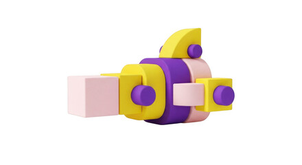 Abstract 3d thumbs up icon with purple and yellow geometric shapes