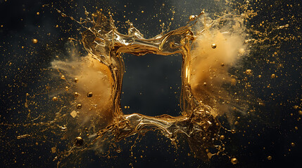 Dynamic golden liquid splash forms elegant square frame abstract design