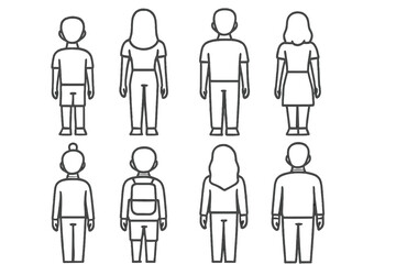 Simple line art icons of various standing people figures in outline style